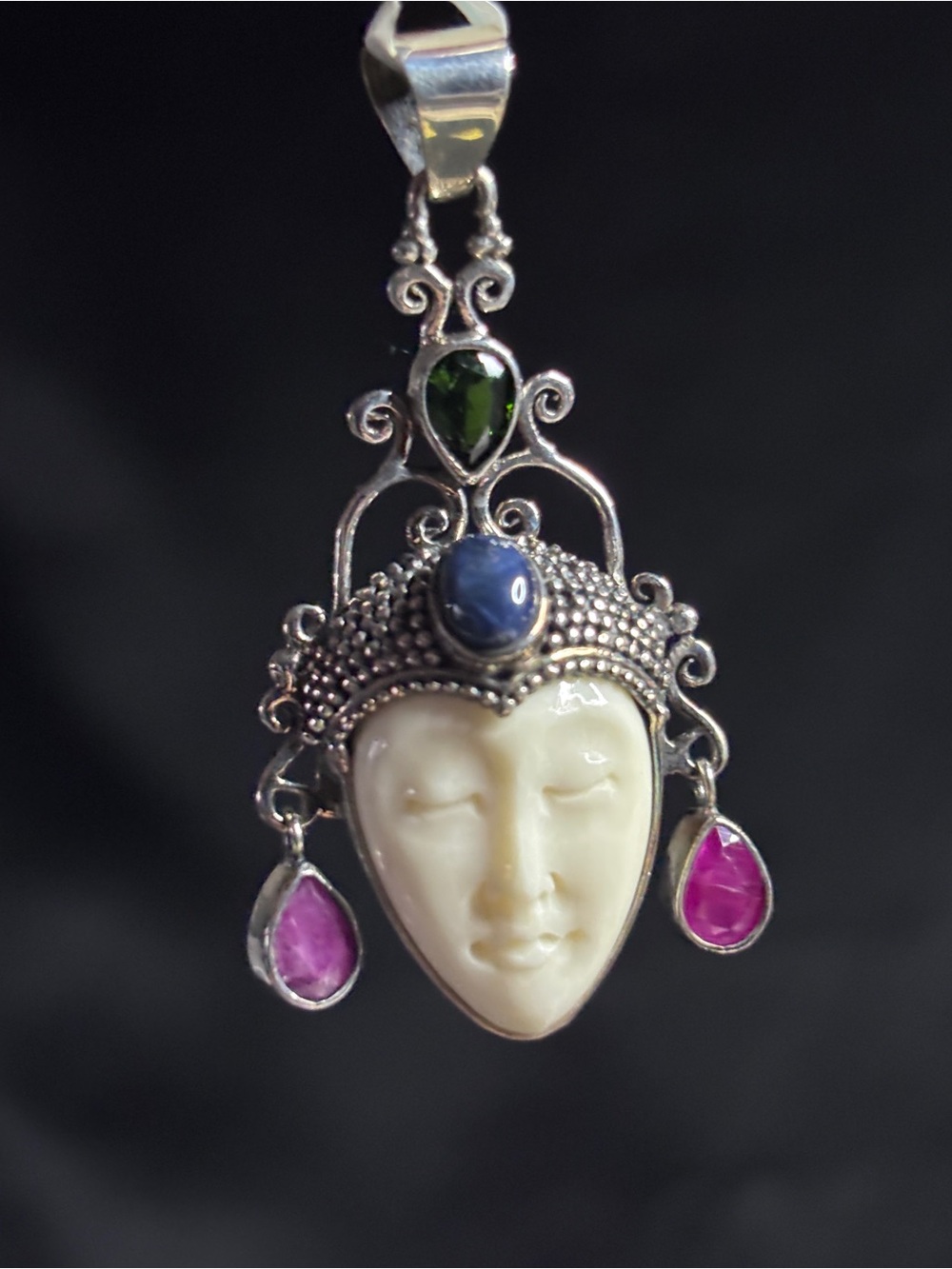 Bali 925 Silver Goddess Face with Multi Gemstones Pendant